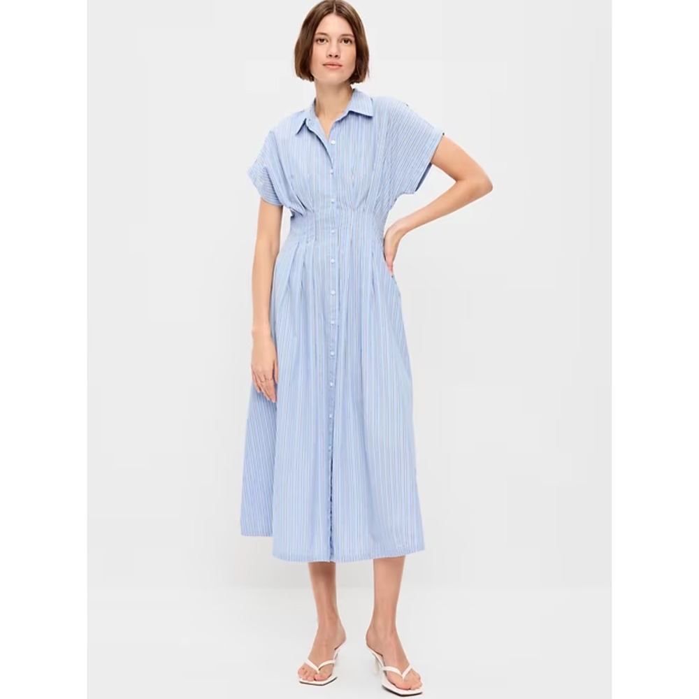 NEW Old Navy Womens Pintuck Waist Midi Shirt Dress Size Lp Striped Blue‎